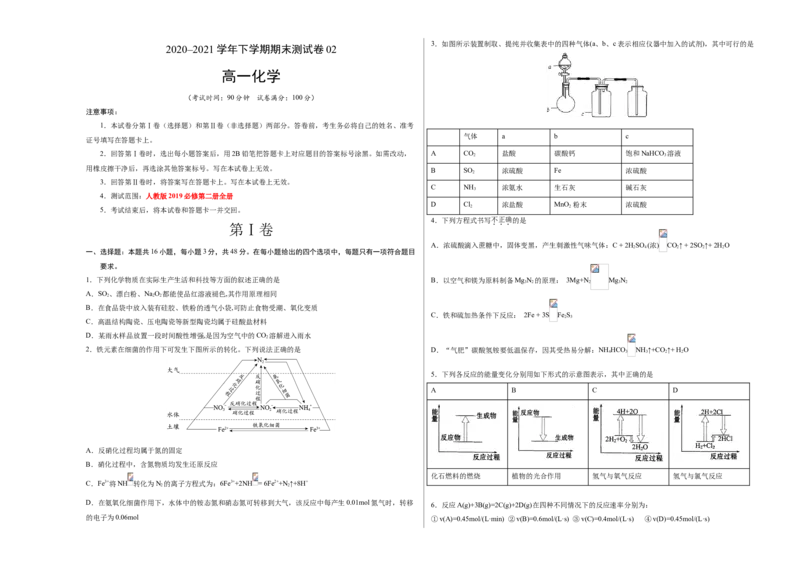 学易金卷：2020-2021学年高一化学下学期期末测试卷（人教版2019必修第二册）02（考试版）_高化_2025春-人教版高中化学_02新版高中化学必修二_5.试卷习题_期中期末试卷_期末试卷6.25更新