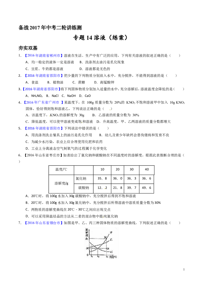 专题14溶液（练）-备战2017年中考化学二轮复习讲练测（原卷版）_初中化学_01.人教版初中化学_07.初中化学中考总复习_备战2017年中考化学二轮复习讲练测（练）全套打包