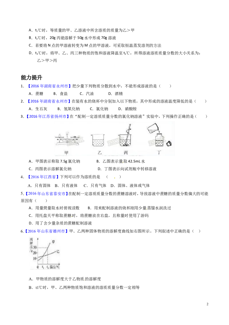 专题14溶液（练）-备战2017年中考化学二轮复习讲练测（原卷版）_初中化学_01.人教版初中化学_07.初中化学中考总复习_备战2017年中考化学二轮复习讲练测（练）全套打包