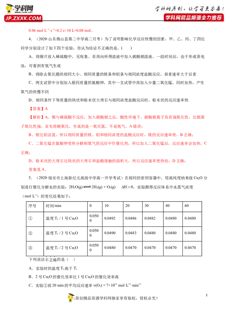 专项04化学反应速率与平衡的综合判断与计算-2019-2020学年高一化学期末复习专项提升卷（人教版2019必修第二册）（解析版）_高化_2025春-人教版高中化学_02新版高中化学必修二_5.试卷习题