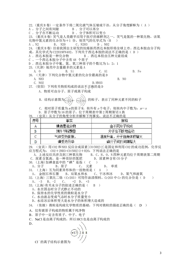 中考化学试题分类汇编&mdash;&mdash;物质构成的奥秘(包括安徽_初中化学_01.人教版初中化学_01.初中化学课件PPT--教案--试题_初中化学&mdash;课件&mdash;教案&mdash;试题-推荐_9年级上课件教案试题_第3单元