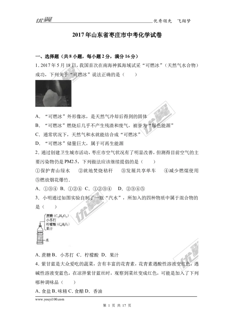 2017年山东省枣庄市中考化学试卷（解析版）_初中化学_01.人教版初中化学_01.初中化学课件PPT--教案--试题_初中化学全套(课件--教案--配套)_18年初中化学9年级上_2017中考真题卷