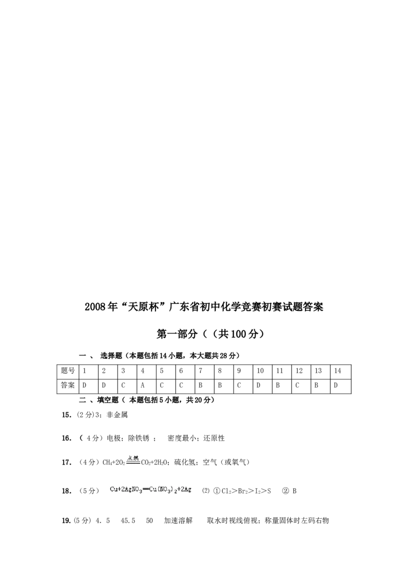 2008年&ldquo;天原杯&rdquo;初中化学竞赛广东省初赛试题_初中化学_01.人教版初中化学_01.初中化学课件PPT--教案--试题_初中化学全套_化学试题
