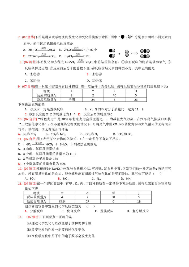 2005-2011年全国各地中考化学真题分类汇编第五单元化学方程式_初中化学_01.人教版初中化学_01.初中化学课件PPT--教案--试题_初中化学全套_化学试题