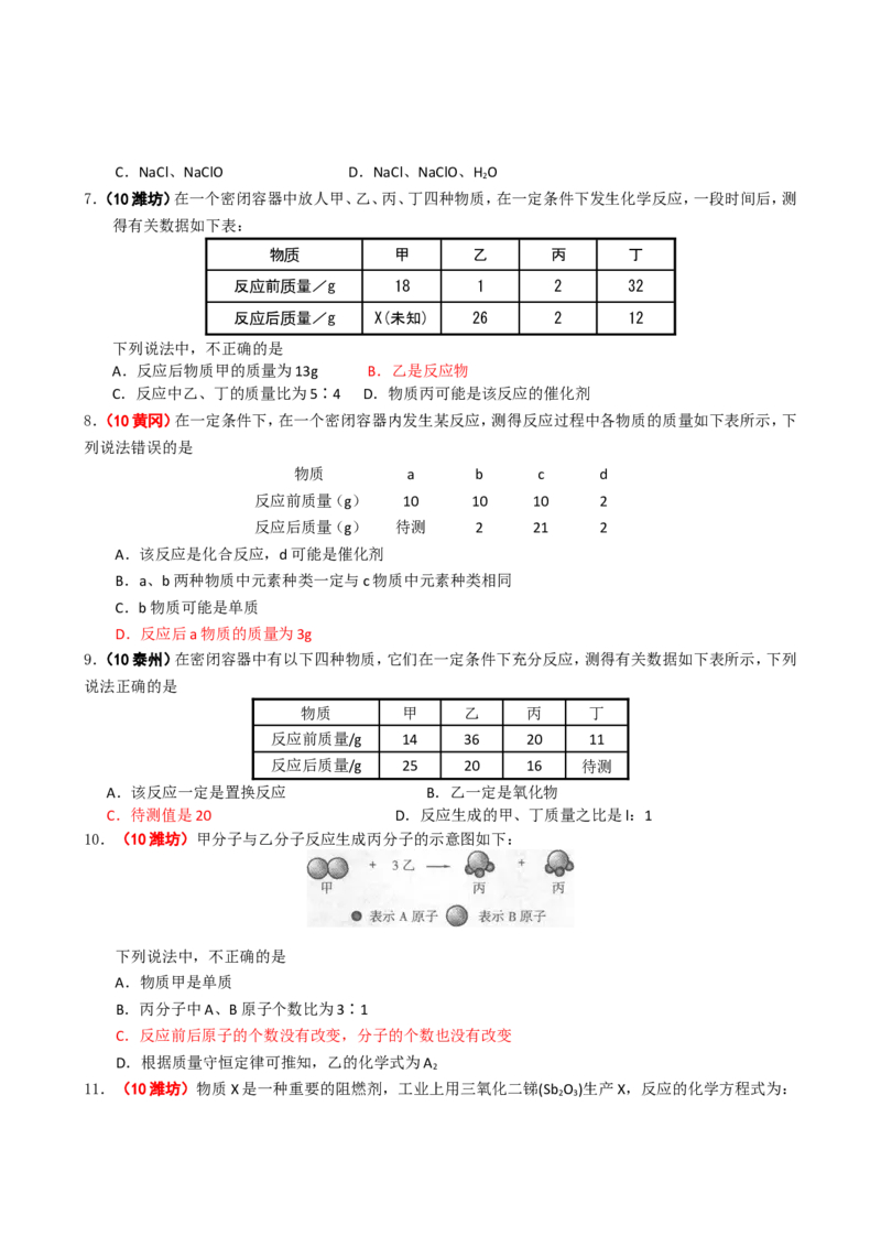 2005-2011年全国各地中考化学真题分类汇编第五单元化学方程式_初中化学_01.人教版初中化学_01.初中化学课件PPT--教案--试题_初中化学全套_化学试题