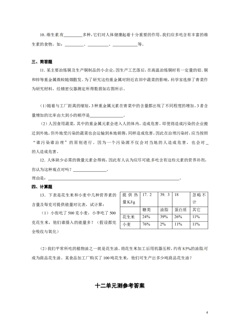 人教版九年级化学下册：第12单元-化学与生活单元测试（2）（含答案）_初中化学_01.人教版初中化学_01.初中化学课件PPT--教案--试题_初中化学&mdash;课件&mdash;教案&mdash;试题-推荐_9年级下试题