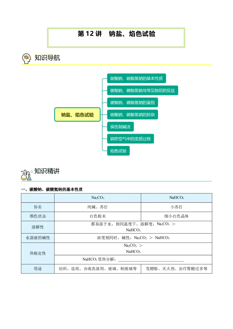 第12讲钠盐、焰色试验（word讲义）（学生版）（人教版2019）_高化_595801221724高中化学新人教版选择性必修一二三电子版教案PPT课件高中试卷_必修一册（人教版）_讲义