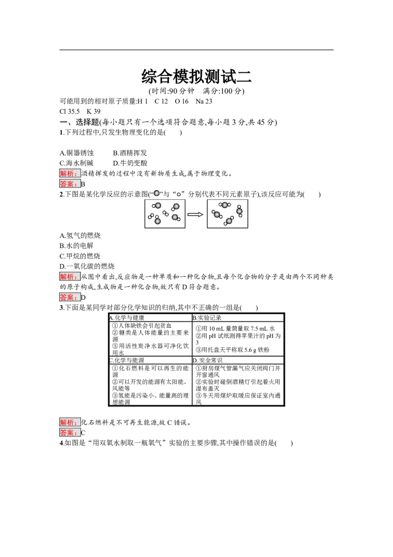 2018届中考化学（人教版）总复习综合模拟测试二_初中化学_01.人教版初中化学_07.初中化学中考总复习_2018届中考化学（人教版）总复习综合模拟测试（3份打包）