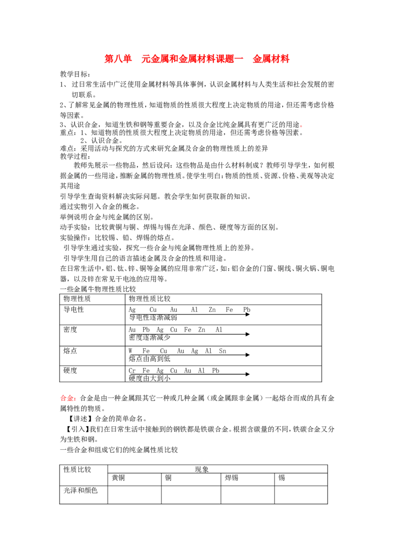 九年级化学下册-第八单元金属和金属材料教案-人教新课标版_初中化学_01.人教版初中化学_01.初中化学课件PPT--教案--试题_初中化学&mdash;课件&mdash;教案&mdash;试题-推荐_9年级下课件教案试题
