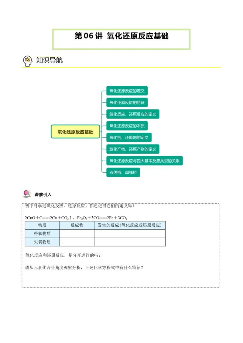 第06讲氧化还原反应基础（学生版）（人教版2019）_高化_595801221724高中化学新人教版选择性必修一二三电子版教案PPT课件高中试卷_必修一册（人教版）_讲义