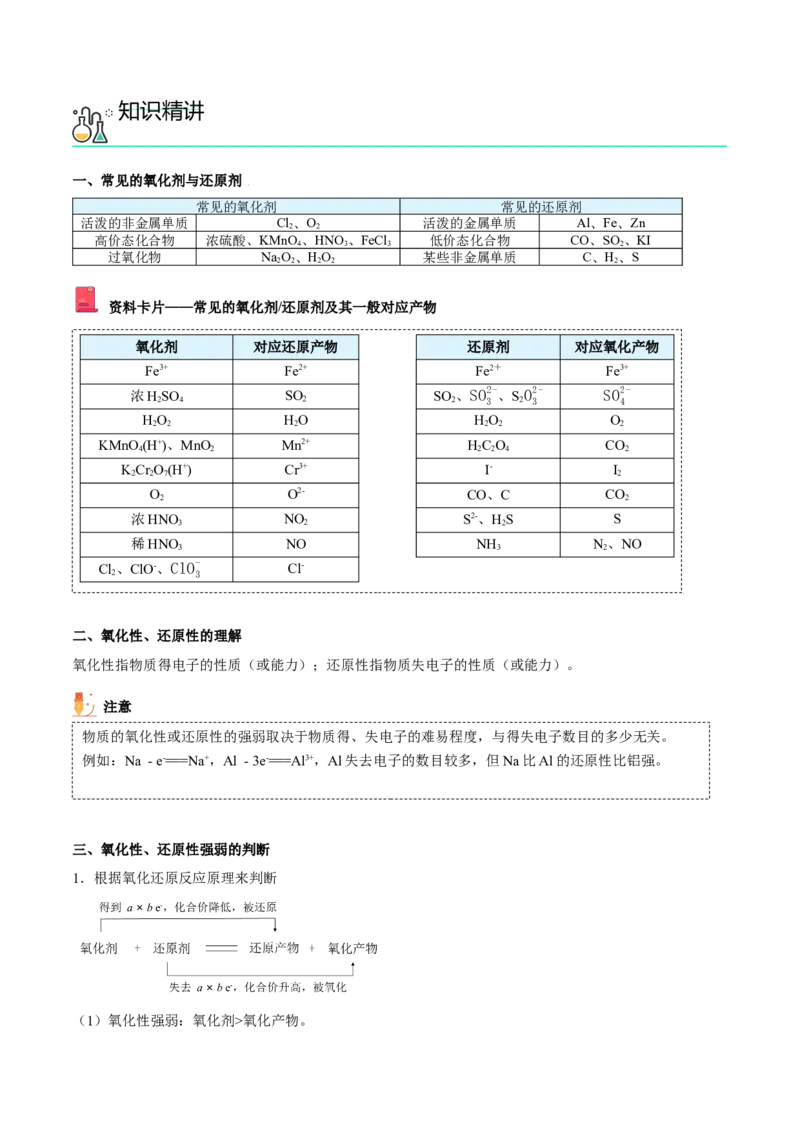 第07讲常见的氧化剂与还原剂、氧化还原规律（学生版）（人教版2019）_高化_595801221724高中化学新人教版选择性必修一二三电子版教案PPT课件高中试卷_必修一册（人教版）_讲义