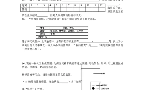 人教版九年级化学下学期第十二单元(化学与生活)测试题+答案_初中化学_01.人教版初中化学_01.初中化学课件PPT--教案--试题_初中化学&mdash;课件&mdash;教案&mdash;试题-推荐_9年级下课件教案试题