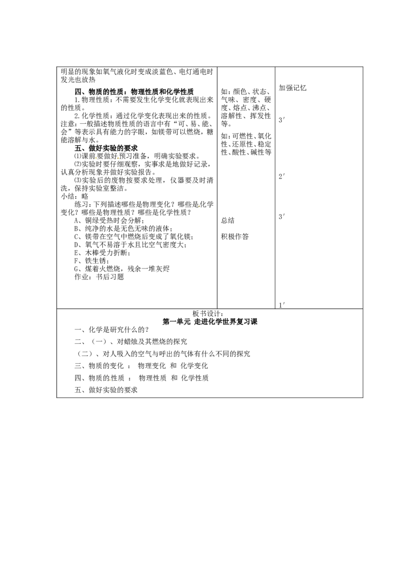 九年级化学上册-第一单元-走进化学世界教案1-新人教版_初中化学_01.人教版初中化学_01.初中化学课件PPT--教案--试题_初中化学&mdash;课件&mdash;教案&mdash;试题-推荐_9年级上课件教案试题