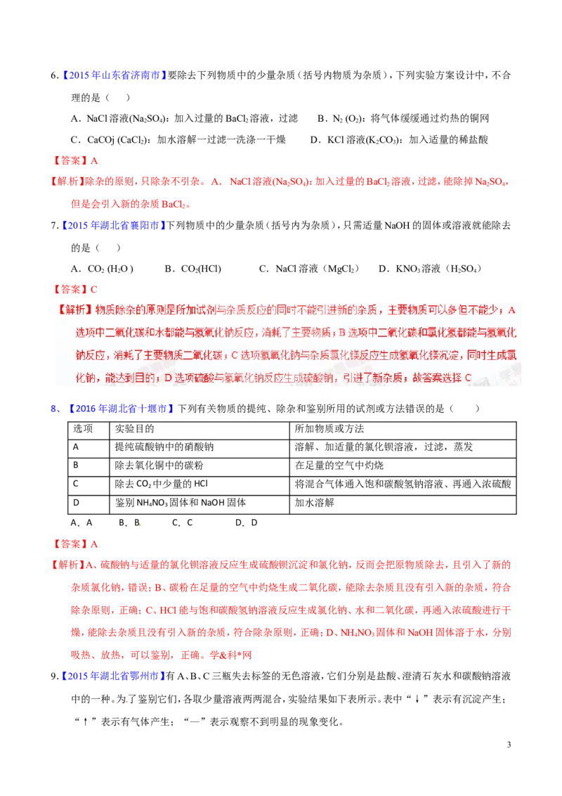 专题22混合物分离和提纯（测）-备战2017年中考化学二轮复习讲练测（解析版）_初中化学_01.人教版初中化学_07.初中化学中考总复习