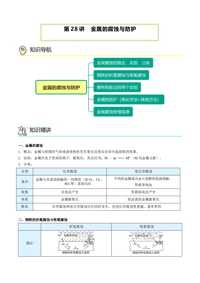 第28讲金属的腐蚀与防护（教师版）-（人教2019选择性必修1）_高化_595801221724高中化学新人教版选择性必修一二三电子版教案PPT课件高中试卷_选择性必修1册（人教版）_讲义
