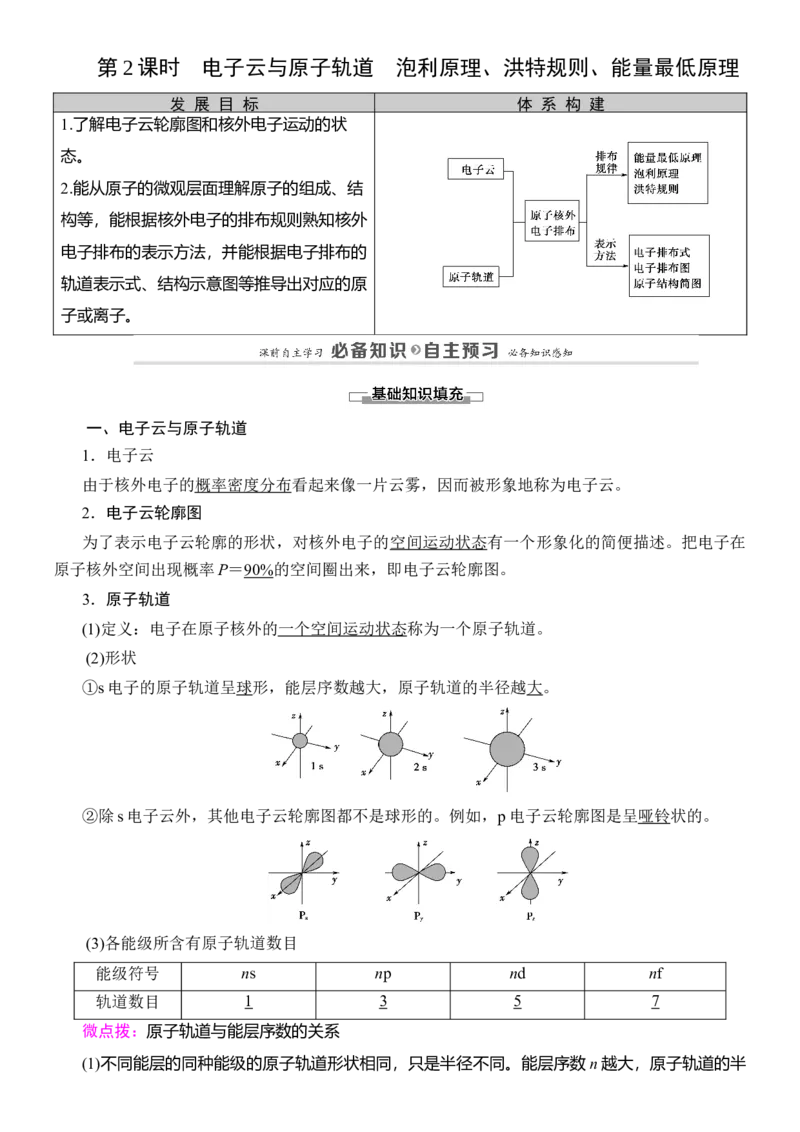人教版(2019)选修性必修2导学案第1章　第1节　第2课时　电子云与原子轨道　泡利原理、洪特规则、能量最低原理_高化_2025春-人教版高中化学_04新版高中化学选择性必修2_03导学案