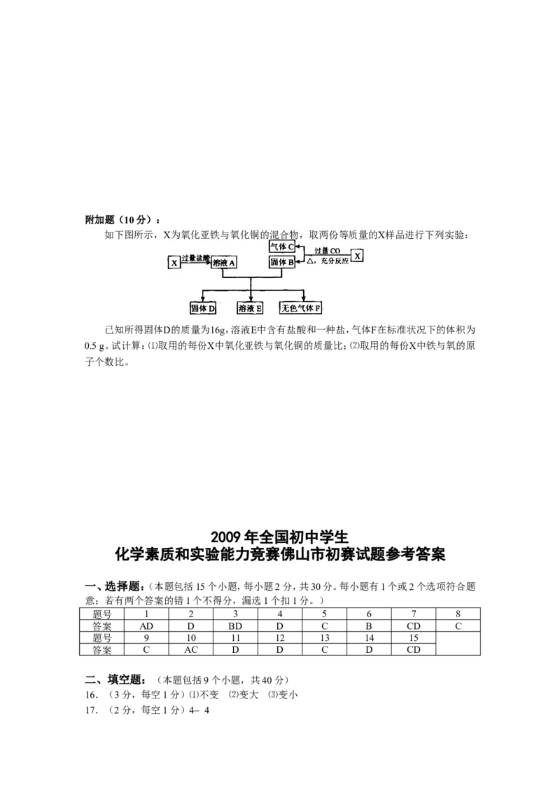 2009年全国初中学生化学素质和实验能力竞赛佛山市初赛试题_初中化学_01.人教版初中化学_01.初中化学课件PPT--教案--试题_初中化学全套_化学试题