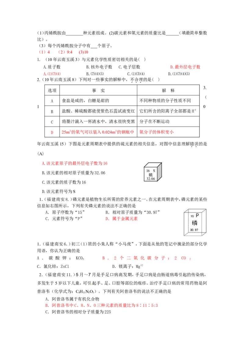 2005-2011年全国各地中考化学真题分类汇编第四单元物质构成的奥秘_初中化学_01.人教版初中化学_01.初中化学课件PPT--教案--试题_初中化学全套_化学试题