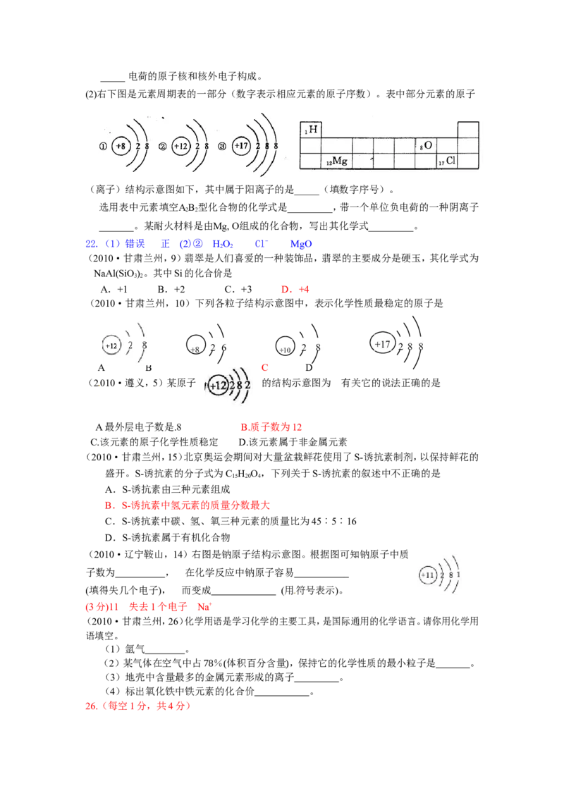 2005-2011年全国各地中考化学真题分类汇编第四单元物质构成的奥秘_初中化学_01.人教版初中化学_01.初中化学课件PPT--教案--试题_初中化学全套_化学试题