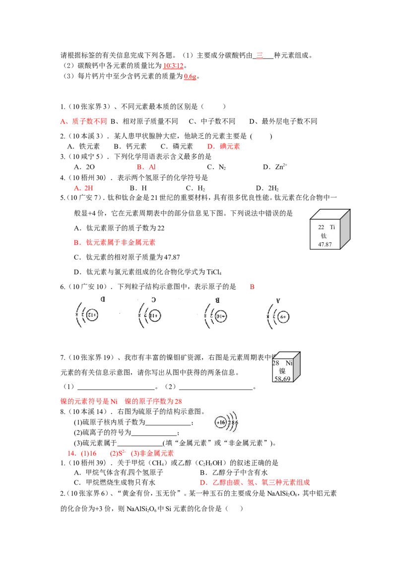 2005-2011年全国各地中考化学真题分类汇编第四单元物质构成的奥秘_初中化学_01.人教版初中化学_01.初中化学课件PPT--教案--试题_初中化学全套_化学试题