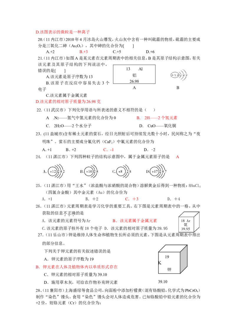2005-2011年全国各地中考化学真题分类汇编第四单元物质构成的奥秘_初中化学_01.人教版初中化学_01.初中化学课件PPT--教案--试题_初中化学全套_化学试题