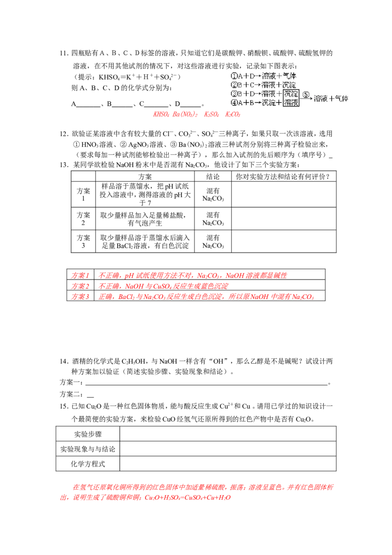 冲刺专题5&mdash;&mdash;物质的鉴别_初中化学_01.人教版初中化学_01.初中化学课件PPT--教案--试题_初中化学全套_化学试题_黄冈中学2010年理科实验班招生考试-蔡河中学冲刺专题