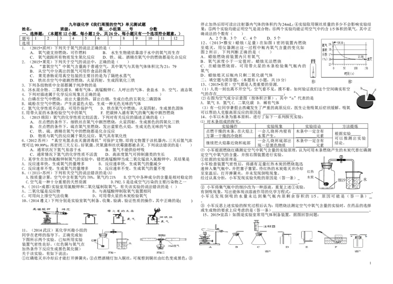 九年级化学《我们周围的空气》单元测试题_初中化学_01.人教版初中化学_01.初中化学课件PPT--教案--试题_初中化学&mdash;课件&mdash;教案&mdash;试题-推荐_9年级上课件教案试题_9年级上试题
