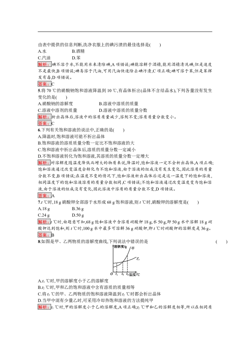 2018届中考化学（人教版）总复习阶段检测：五　溶液_初中化学_01.人教版初中化学_07.初中化学中考总复习_2018届中考化学（人教版）总复习阶段检测