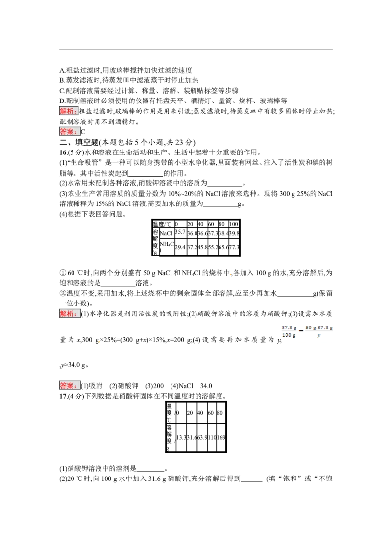 2018届中考化学（人教版）总复习阶段检测：五　溶液_初中化学_01.人教版初中化学_07.初中化学中考总复习_2018届中考化学（人教版）总复习阶段检测