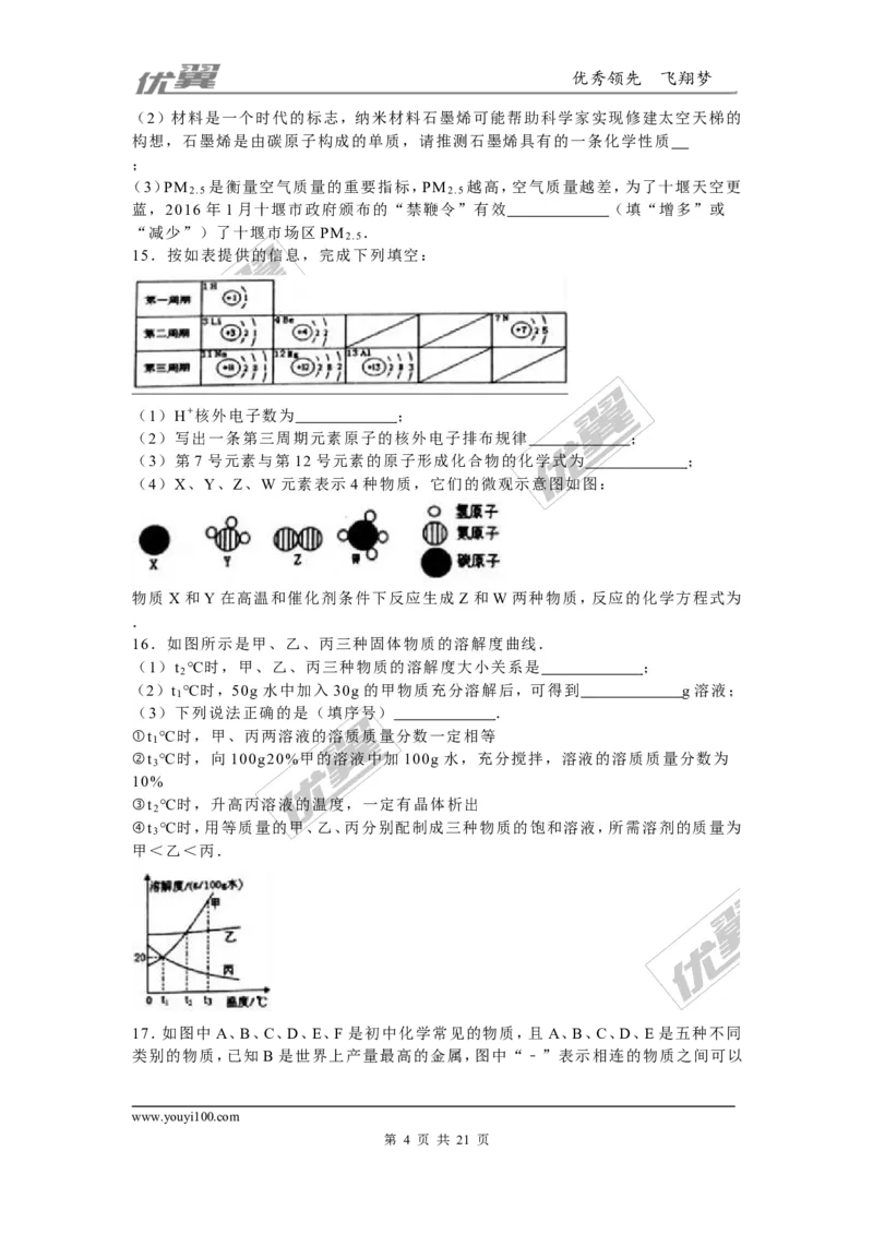2016年湖北省十堰市中考化学试题（word版，含解析）_初中化学_01.人教版初中化学_01.初中化学课件PPT--教案--试题_初中化学全套(课件--教案--配套)_18年初中化学9年级上