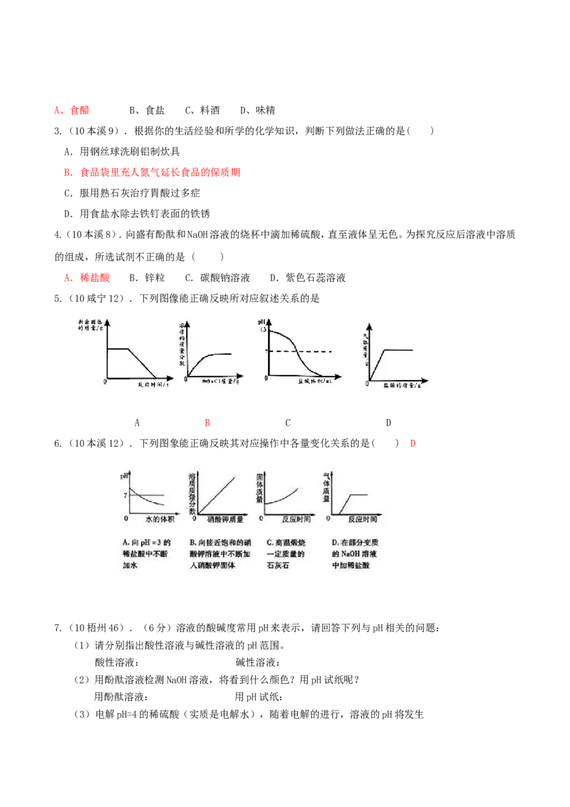 2007-2011五年全国各地中考化学试题分类汇编第十单元酸和碱_初中化学_01.人教版初中化学_01.初中化学课件PPT--教案--试题_初中化学全套_化学试题