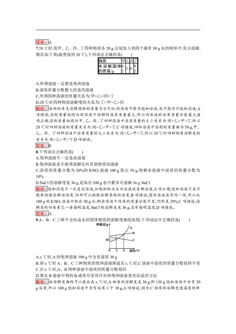 2018届中考化学（人教版）总复习单元特训：第九单元　溶液_初中化学_01.人教版初中化学_07.初中化学中考总复习_2018届中考化学（人教版）总复习单元特训