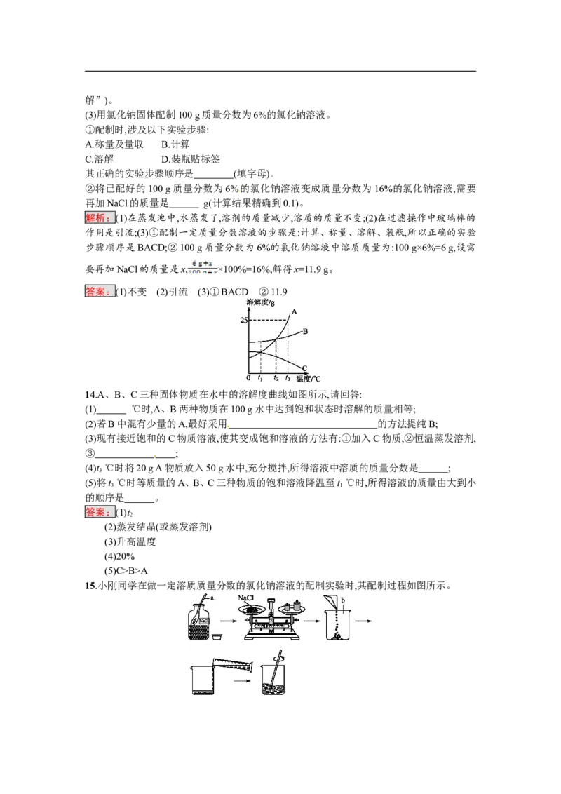 2018届中考化学（人教版）总复习单元特训：第九单元　溶液_初中化学_01.人教版初中化学_07.初中化学中考总复习_2018届中考化学（人教版）总复习单元特训