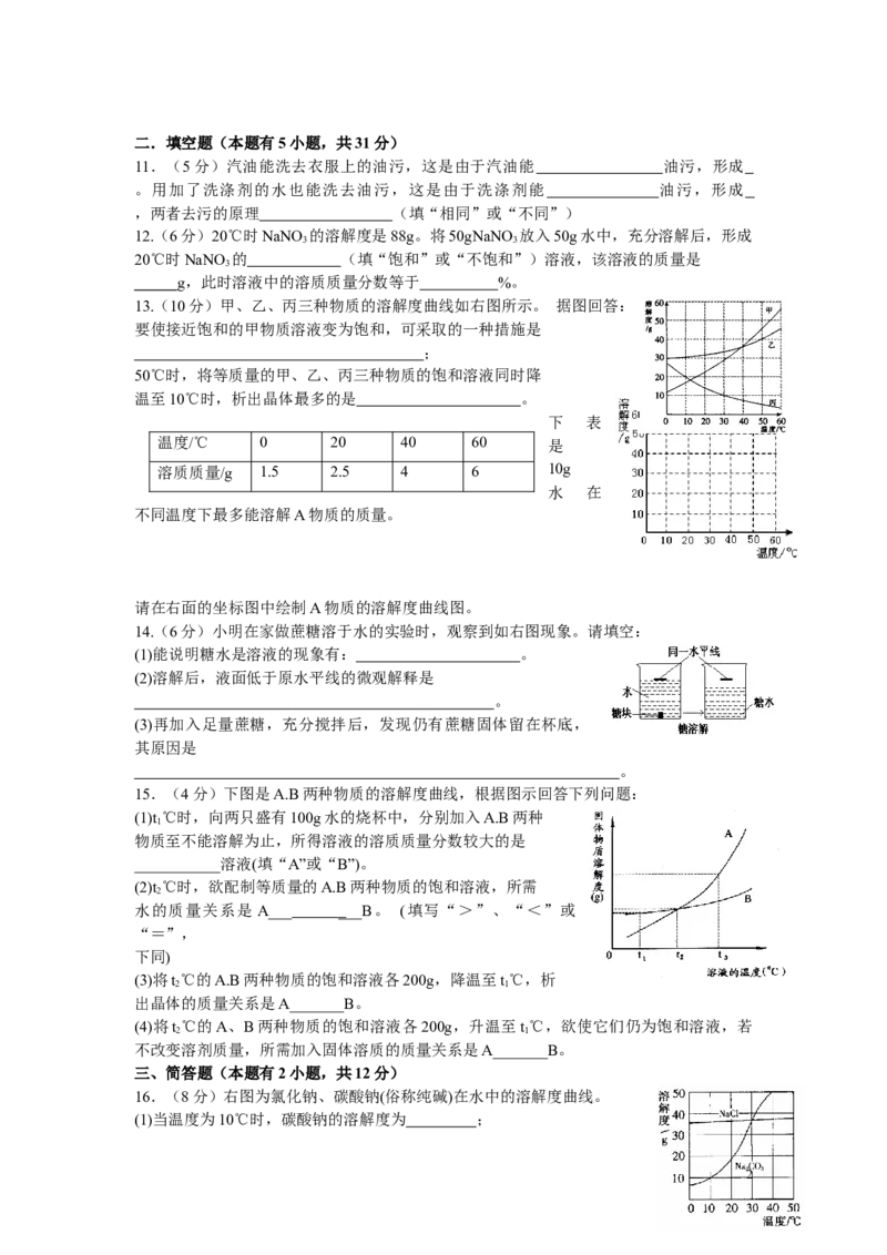 初三化学人教版溶液单元练习题及答案_初中化学_01.人教版初中化学_01.初中化学课件PPT--教案--试题_初中化学&mdash;课件&mdash;教案&mdash;试题-推荐_9年级下课件教案试题_9年级下试题_第9单元