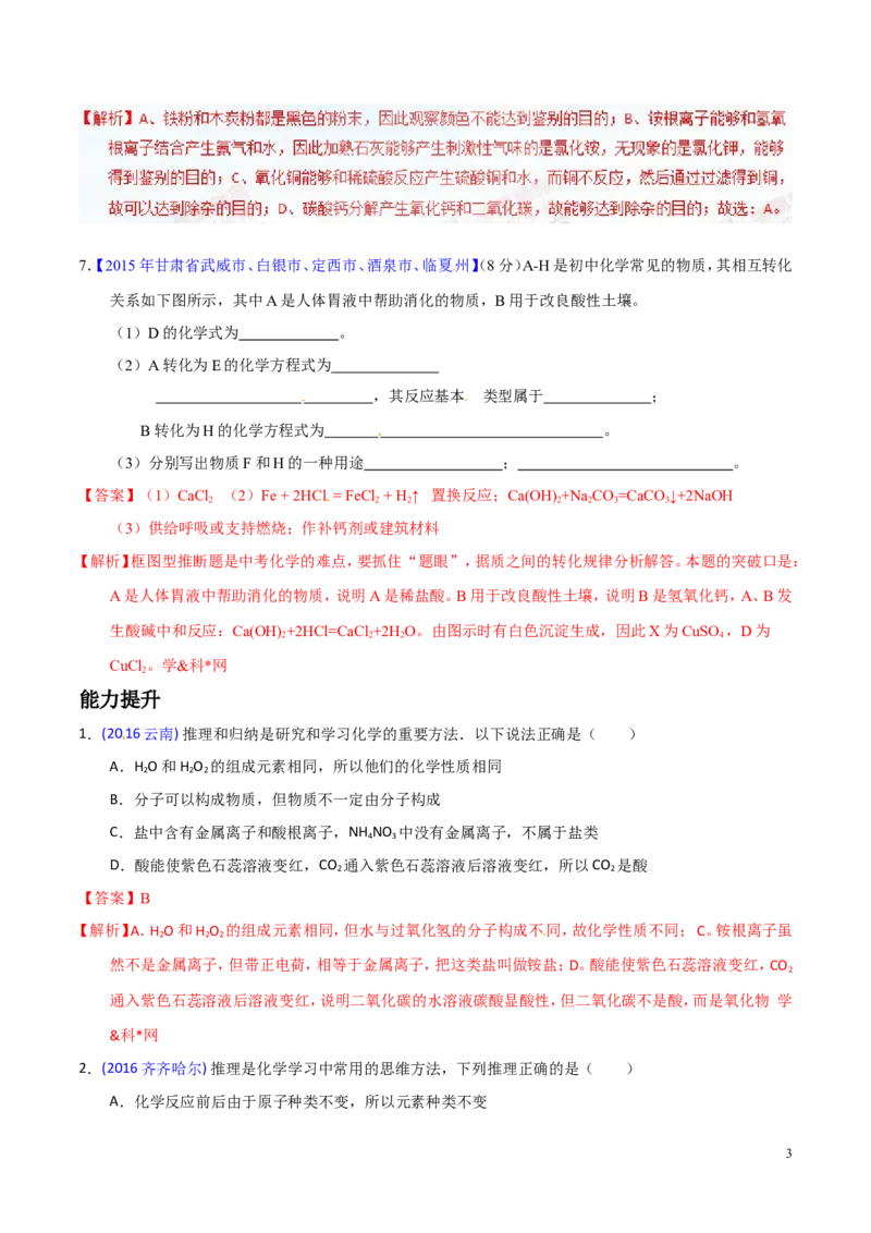 专题21物质的检验、辨别和推断（练）-备战2017年中考化学二轮复习讲练测（解析版）_初中化学_01.人教版初中化学_07.初中化学中考总复习