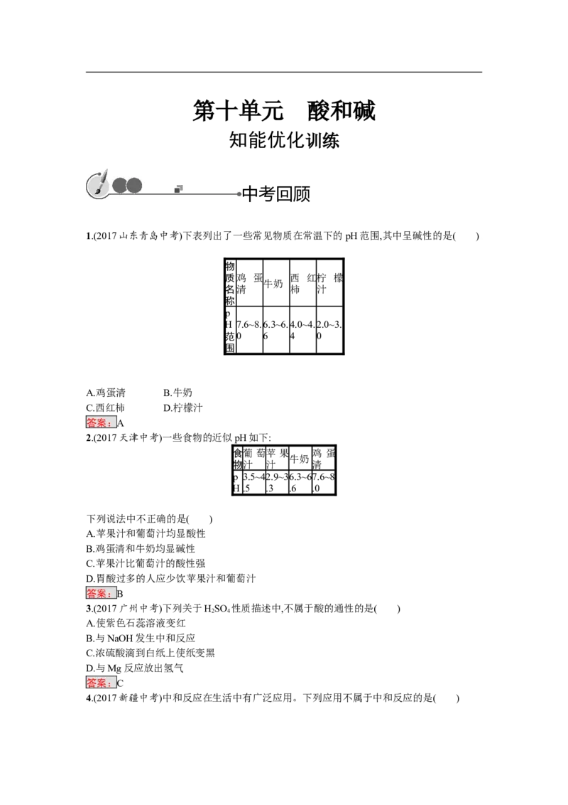 2018届中考化学（人教版）总复习单元特训：第十单元　酸和碱-化学备课大师_初中化学_01.人教版初中化学_07.初中化学中考总复习