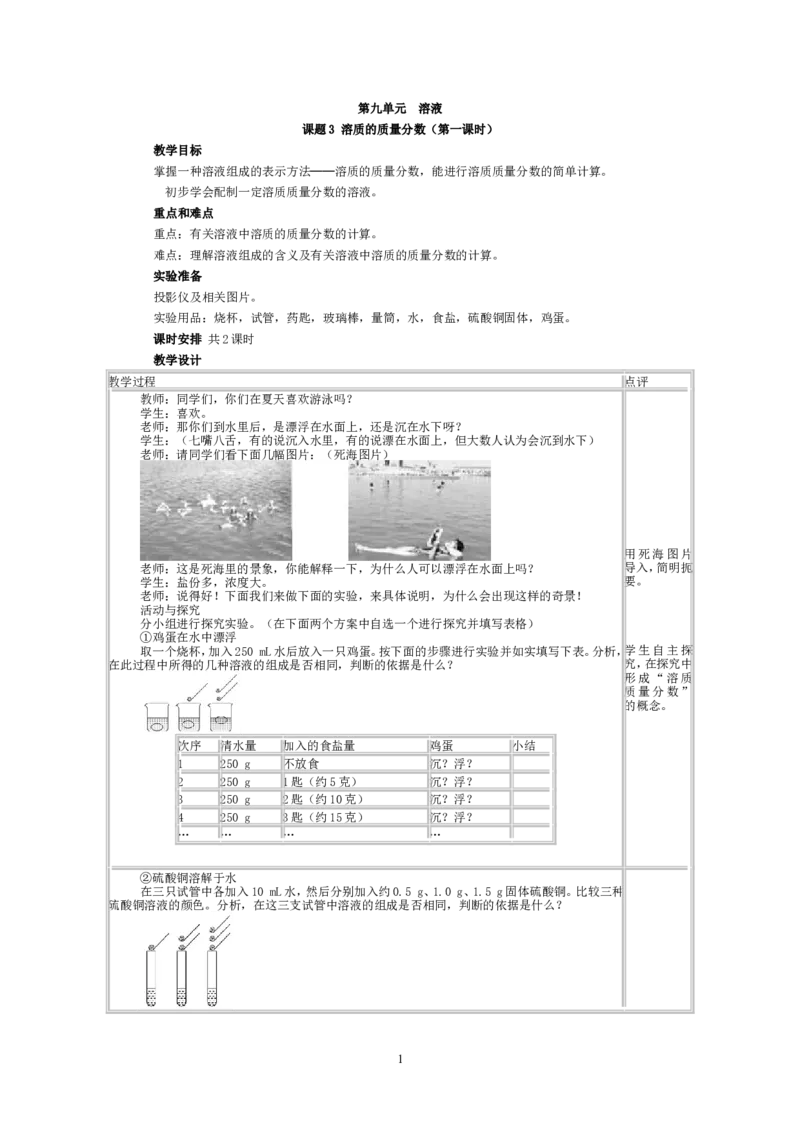 2012-2013学年九年级化学（人教版下册）第9单元《课题3溶质的质量分数》教案_初中化学_01.人教版初中化学_01.初中化学课件PPT--教案--试题_初中化学全套_化学教案