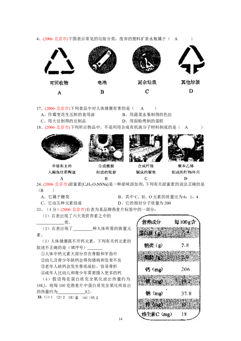 8年中考（2005-2012）全国各地中考化学真题分类汇编第12单元化学与生活_初中化学_01.人教版初中化学_01.初中化学课件PPT--教案--试题_初中化学全套_化学试题