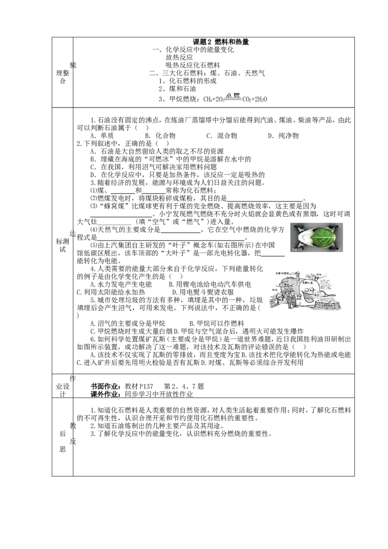 九年级化学上册-第七单元-燃料及其利用-课题2-燃料的开发和利用精品教案1-新人教版_初中化学_01.人教版初中化学_01.初中化学课件PPT--教案--试题_初中化学&mdash;课件&mdash;教案&mdash;试题-推荐