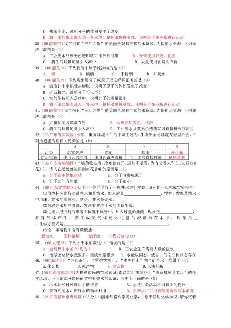 2005-2011年全国各地中考化学真题分类汇编第三单元自然界的水_初中化学_01.人教版初中化学_01.初中化学课件PPT--教案--试题_初中化学全套_化学试题