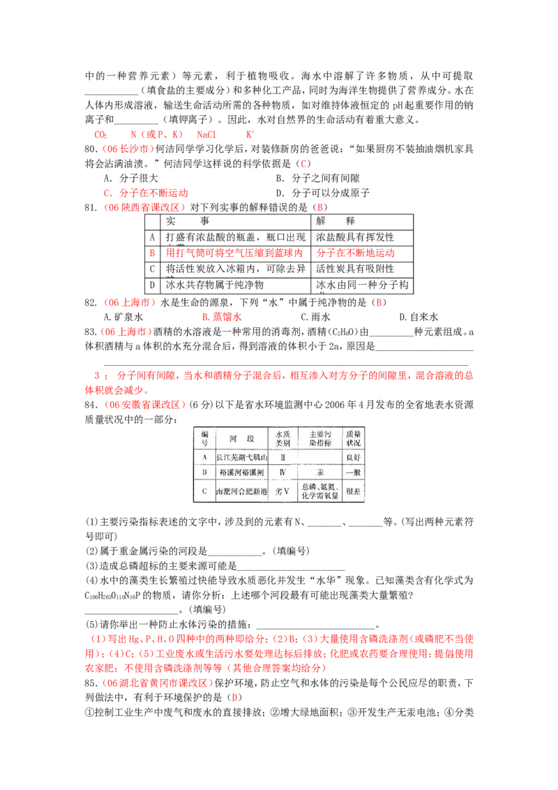 2005-2011年全国各地中考化学真题分类汇编第三单元自然界的水_初中化学_01.人教版初中化学_01.初中化学课件PPT--教案--试题_初中化学全套_化学试题