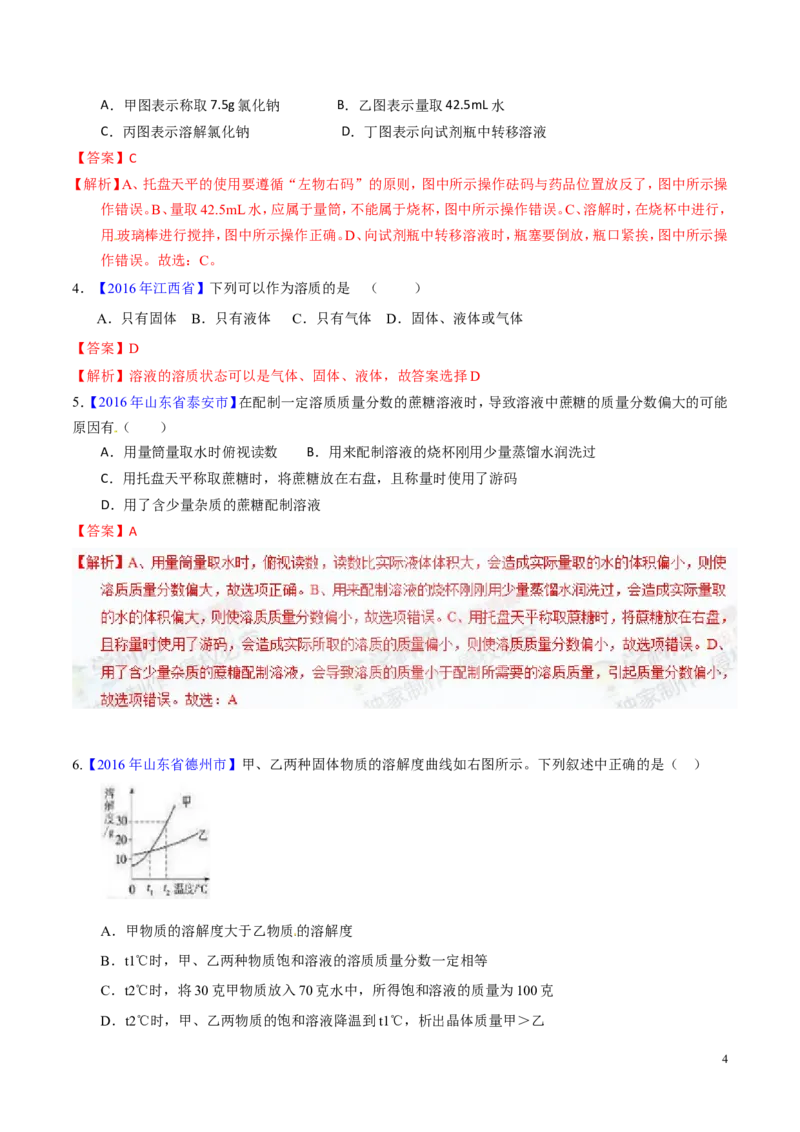 专题14溶液（练）-备战2017年中考化学二轮复习讲练测（解析版）_初中化学_01.人教版初中化学_07.初中化学中考总复习_备战2017年中考化学二轮复习讲练测（练）全套打包