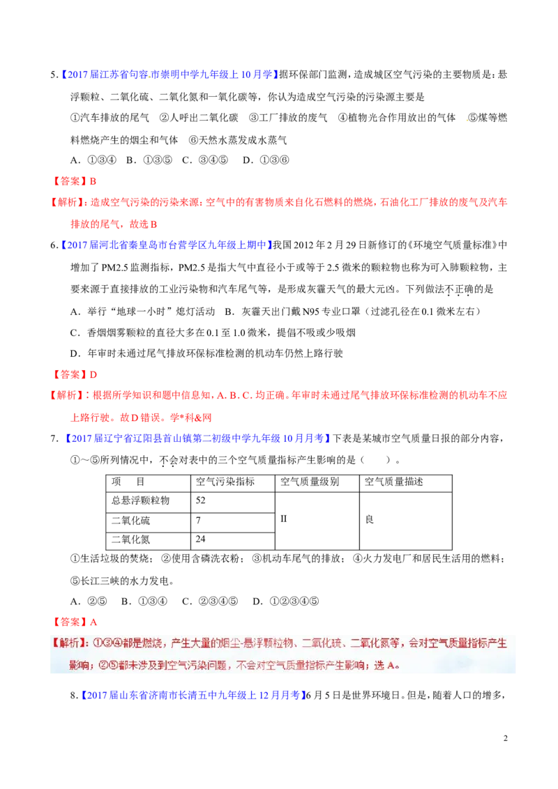 专题17化学与环保（测）-备战2017年中考化学二轮复习讲练测（解析版）_初中化学_01.人教版初中化学_07.初中化学中考总复习_备战2017年中考化学二轮复习讲练测（测）全套打包