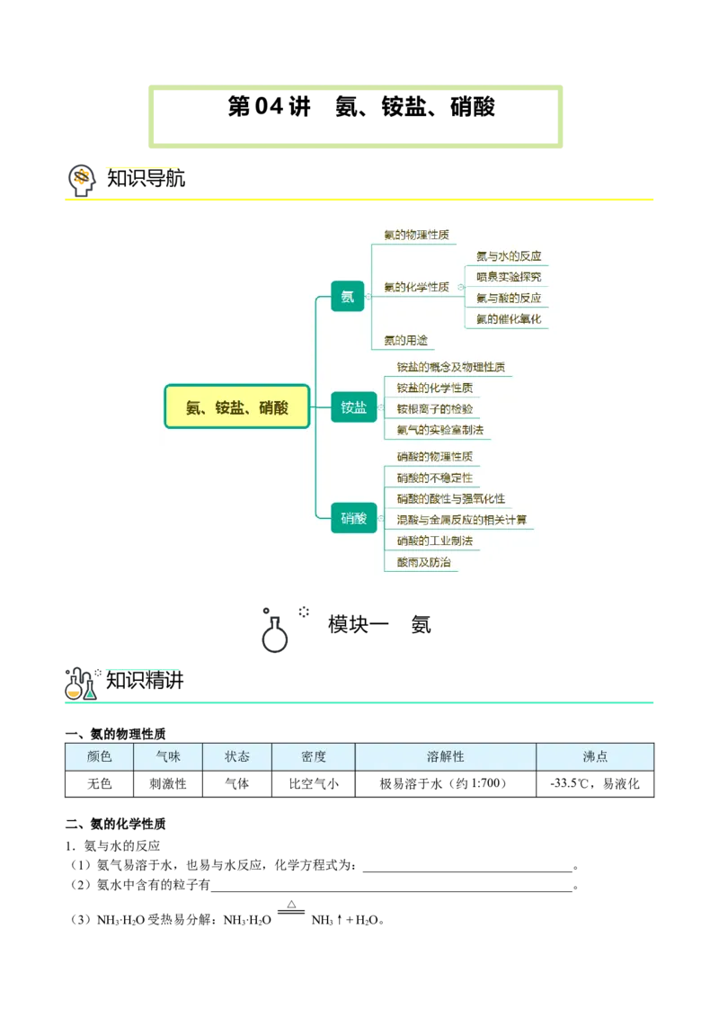 第04讲氨、铵盐、硝酸（讲义）（学生版）-精准提分2020-2021学年高一化学必修第二册同步培优（新教材人教版）_高化_2025春-人教版高中化学_02新版高中化学必修二_6.培优课件+讲义