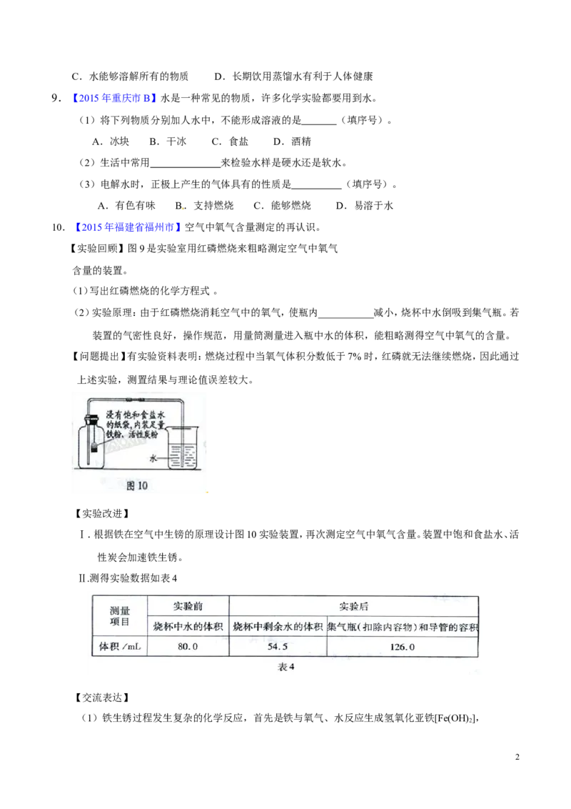 专题08水和空气（测）-备战2017年中考化学二轮复习讲练测（原卷版）_初中化学_01.人教版初中化学_07.初中化学中考总复习_备战2017年中考化学二轮复习讲练测（测）全套打包