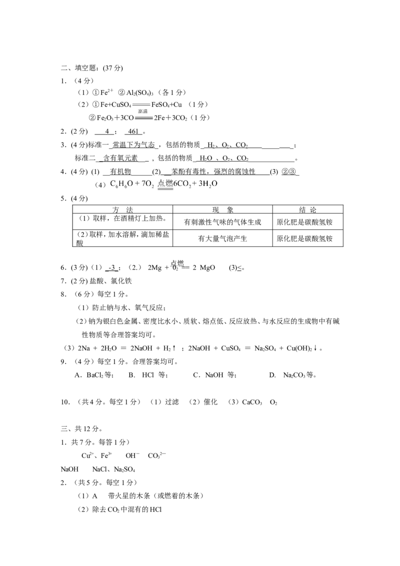 2010年黄高优录考试选拔赛试卷7_初中化学_01.人教版初中化学_01.初中化学课件PPT--教案--试题_初中化学全套_化学试题_2010年黄高优录考试选拔赛试卷