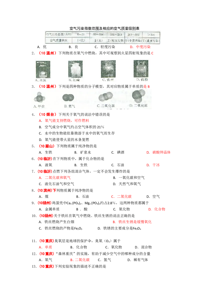 2005-2011年全国各地中考化学真题分类汇编第二单元我们周围的空气_初中化学_01.人教版初中化学_01.初中化学课件PPT--教案--试题_初中化学全套_化学试题