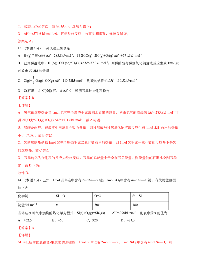 第04讲第一章《化学反应的热效应》单元测试（基础巩固）（教师版）_高化_595801221724高中化学新人教版选择性必修一二三电子版教案PPT课件高中试卷_选择性必修1册（人教版）_讲义