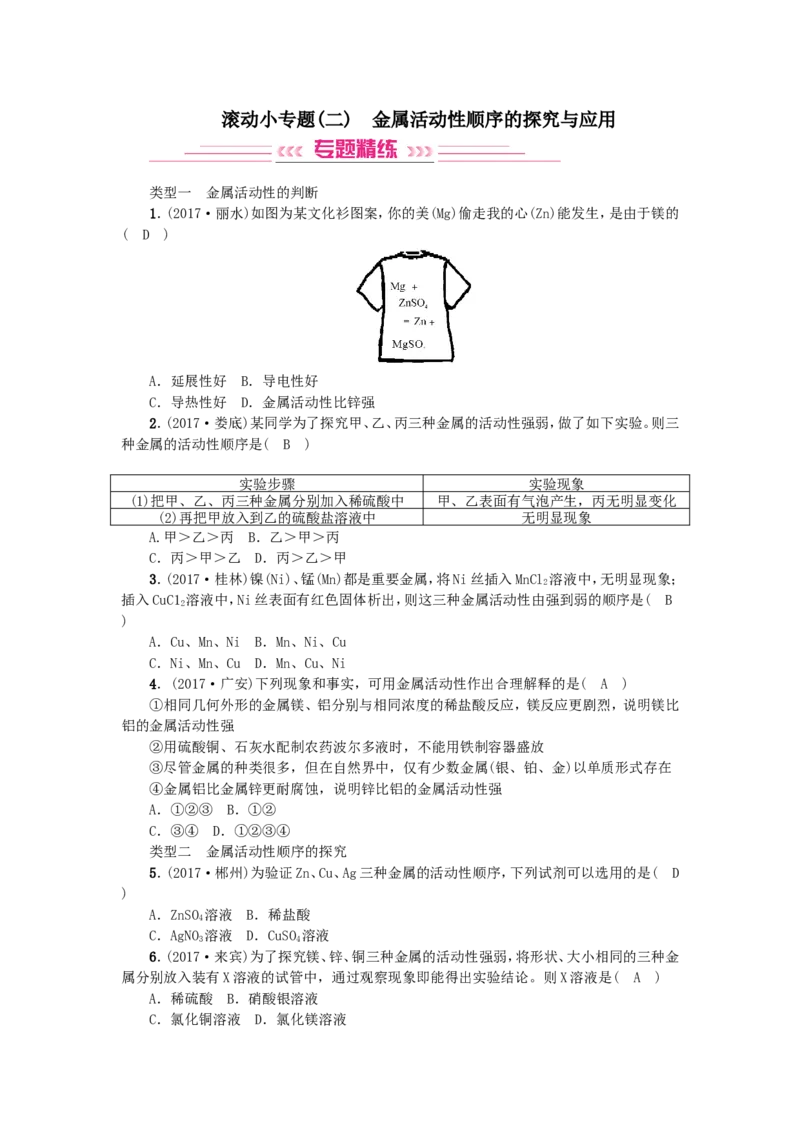 2018年中考化学人教版总复习滚动小专题（二）　金属活动性顺序的探究与应用_初中化学_01.人教版初中化学_07.初中化学中考总复习_2018年中考化学人教版总复习