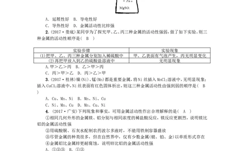2018年中考化学人教版总复习滚动小专题（二）　金属活动性顺序的探究与应用_初中化学_01.人教版初中化学_07.初中化学中考总复习_2018年中考化学人教版总复习